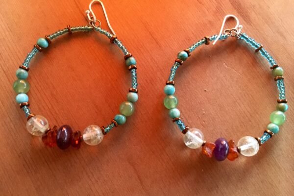 Turquoise and Red glass seed beads  Hoop Earrings